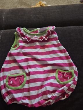 Sleeveless Pink & White Striped Baby Bubble Romper with Green Trim Stichy Fish